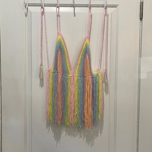 NWT soft rainbow knit tie fringe crop